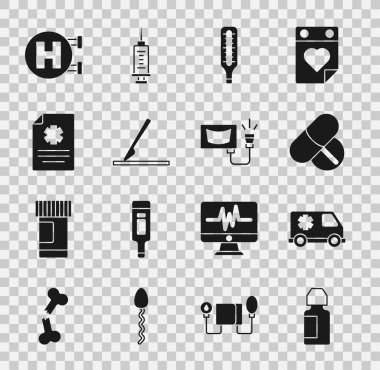 Göz damlası şişesi, acil durum arabası, ilaç hapı veya tablet, tıbbi termometre, cerrahi neşter, klinik kayıt, hastane tabelası ve ultrason ikonu. Vektör