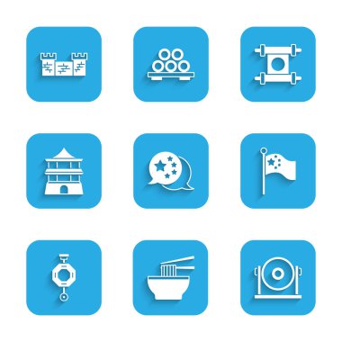 Çin bayrağı, Asya erişte kasesi, gong, bayrak direği, Çin feneri, ev, ferman, kağıt, parşömen, parşömen ve büyük ikon duvarı. Vektör