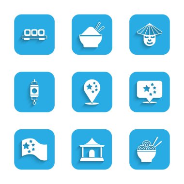 Çin bayrağı, Çin evi, Asya erişte kasesi, kağıt fener, tahta kesme ikonunda insan ve suşi. Vektör