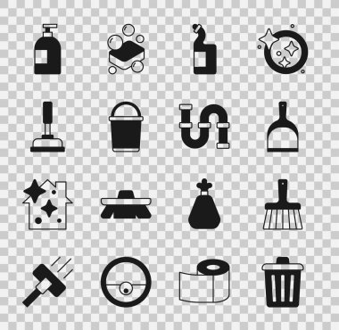 Çöp tenekesi, süpürge, faraş, bulaşık deterjanı, kova, lastik pompa ve endüstriyel metal boru ikonu. Vektör