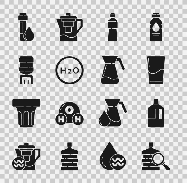 Set Velká láhev s čistou vodou, Sklo, Láhev, Chemický vzorec pro H2O, Vodní chladič, Test trubice kapka a džbán skleněná ikona. Vektor — Stockový vektor