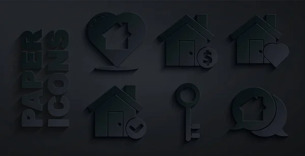 Set House nyckel, med hjärtform, bock märke, Real Estate meddelande hus, dollar symbol och ikon. Vektor — Stock vektor