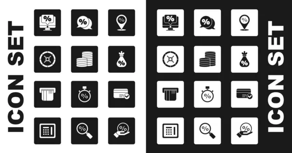 Définir l'emplacement avec pourcentage de réduction, Monnaie, Coffre-fort, Pour cent et moniteur, Sac d'argent, Étiquette de réduction, Carte de crédit et icône. Vecteur — Image vectorielle