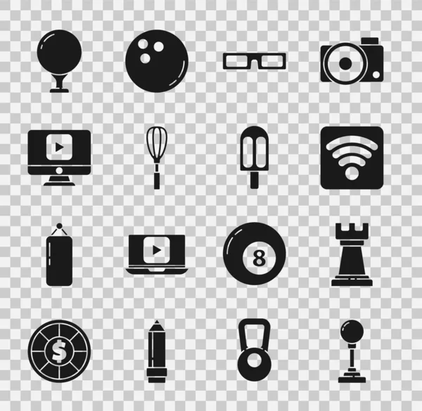 Set Joystick for arcade machine, Business strategy, Wi-Fi wireless internet network, Cinema glasses, Kitchen whisk, Online play video, Golf ball on tee and Ice cream icon. Vector — Stock Vector