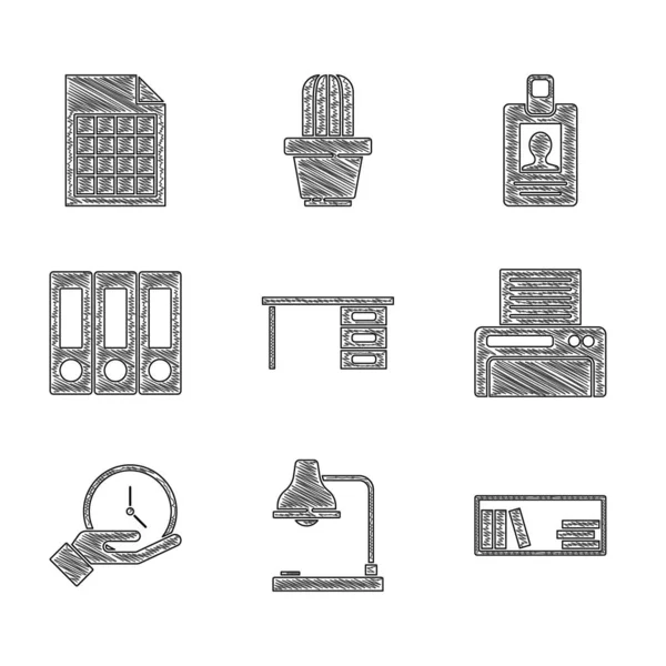 Set Escritorio de oficina, Lámpara de mesa, Estante con libros, Impresora, Reloj, carpetas, Insignia de identificación e icono de documento de archivo. Vector — Archivo Imágenes Vectoriales