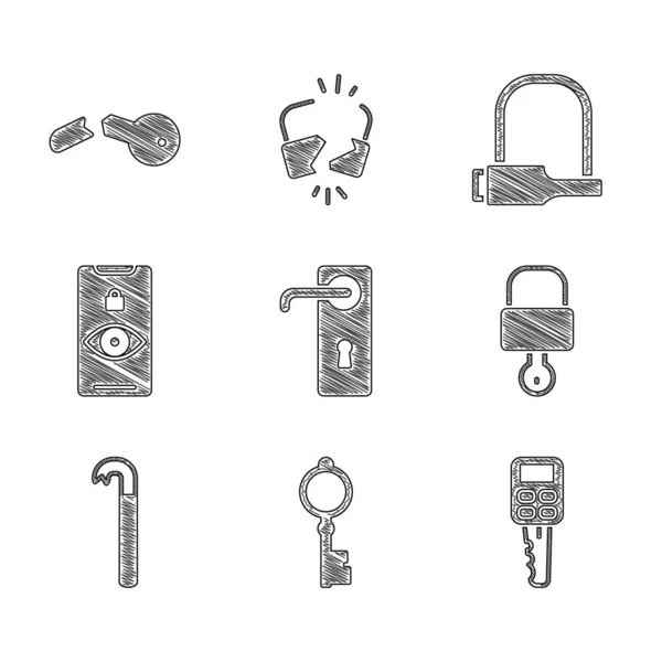 Set poignée de porte, vieille clé, voiture avec télécommande, serrure, Crowbar, balayage des yeux, cadenas de vélo et icône cassée. Vecteur — Image vectorielle