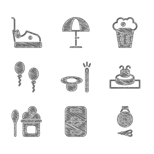 Set Magic hat and wand, mesa de hockey, flecha clásica del dardo, fuente, tazón de helado, globos, palomitas de maíz caja y el icono del coche de parachoques. Vector — Archivo Imágenes Vectoriales