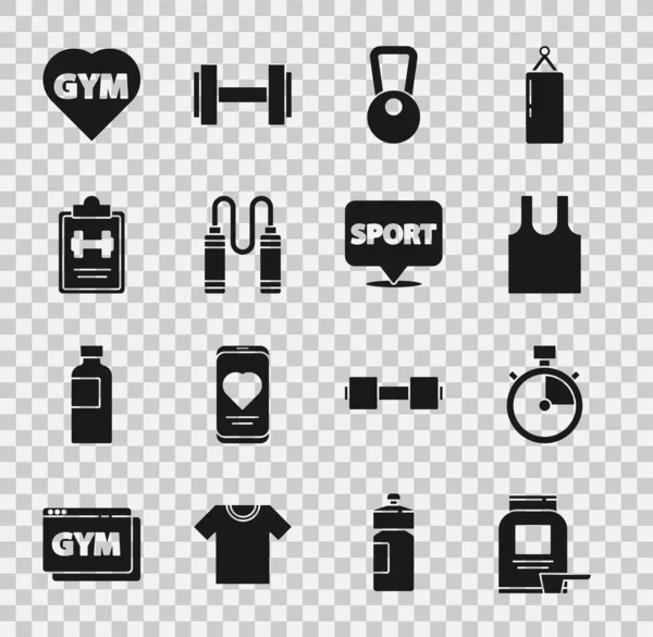 Set Sportvoeding, Stopwatch, Sleeveless T-shirt, Kettlebell, Springtouw, trainingsprogramma, Fitness gym hart en locatie icoon. Vector — Stockvector