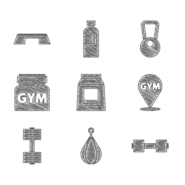 Set Nutrición deportiva, Punching bag, Dumbbell, Location gym, Kettlebell y el icono de la plataforma Step. Vector — Archivo Imágenes Vectoriales