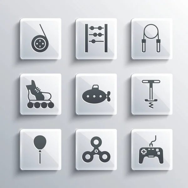 Set Fidget spinner, Gamepad, Pogo hole jumping toy, Ponorka, Balónky s stuhou, Kolečkové brusle, Yoyo a Jump rope icon. Vektor — Stockový vektor