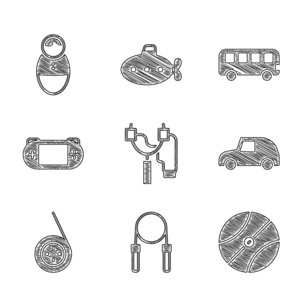 Set Slingshot, Jump rope, Basketball ball, Toy car, Yoyo toy, Portable video game console, Bus and Tumbler doll icon. Vector — Archivo Imágenes Vectoriales