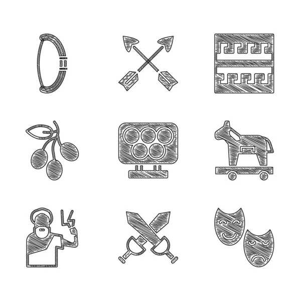 Σετ ολυμπιακών δαχτυλιδιών, σταυρωτό μεσαιωνικό σπαθί, κωμικές μάσκες και μάσκες τραγωδίας, δούρειος ίππος, Δίας, κλαδί ελιάς, αρχαίο ελληνικό σχέδιο και μεσαιωνική εικόνα τόξου. Διάνυσμα — Διανυσματικό Αρχείο