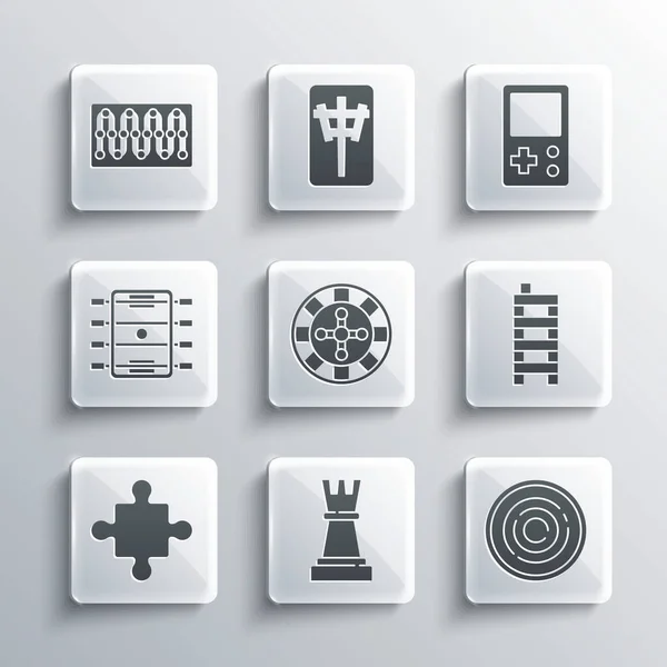 Set Chess, Checker game chips, Mahjong pieces, Casino roulette wheel, Puzzle toy, Hockey table, Board 및 Tetris icon. Vector — 스톡 벡터