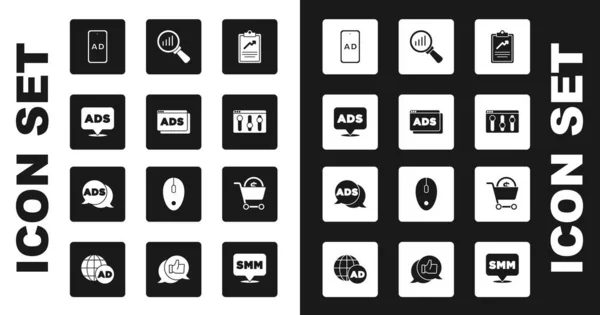 Set Zwischenablage mit Diagramm, Werbung, Browser-Einstellung, Lupe und Analyse, Warenkorb Dollar und Symbol. Vektor — Stockvektor