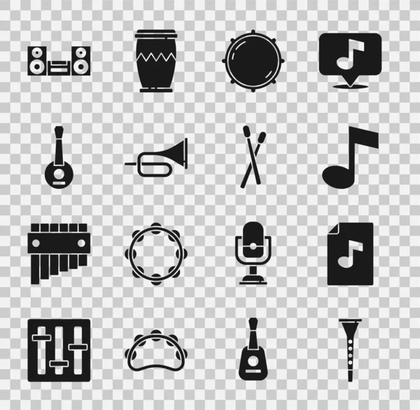 Set Klarinet, Muziekboek met noot, noot, toon, Dial knop niveau, Trompet, Banjo, Home stereo en Drum sticks icoon. Vector — Stockvector