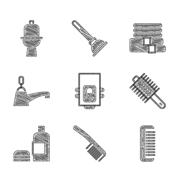 Set Gas boiler, Hairbrush, Bottle of shampoo, Water tap, Towel stack and Toilet bowl icon. Vector — Stock Vector