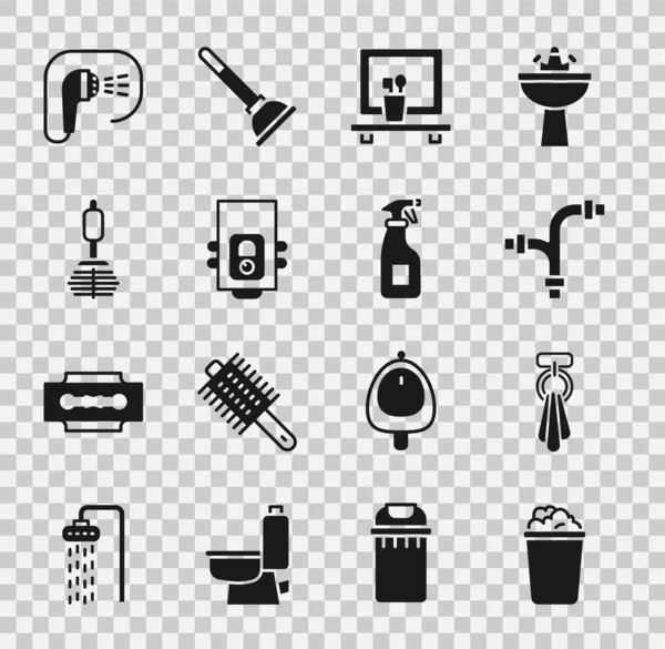 Set Eimer mit Seifenlauge, Handtuch auf Kleiderbügel, Industrie-Metallrohr, Waschbeckenspiegel, Gasboiler, Toilettenbürste, Dusche und Reinigungsspray Flasche Symbol. Vektor — Stockvektor