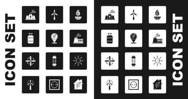 Set Erdkugel und Blatt, Standort mit, Propangasbehälter, Kraftwerksfabrik, Fabrik, Windturbine, Sonnenkollektor und Symbol. Vektor — Stockvektor