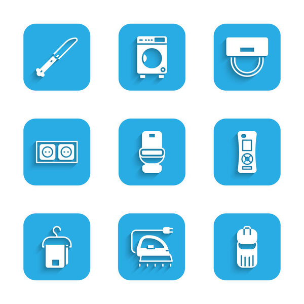Set Toilet bowl, Electric iron, Trash can, Remote control, Towel hanger, Electrical outlet, Bellboy hat and Knife icon. Vector