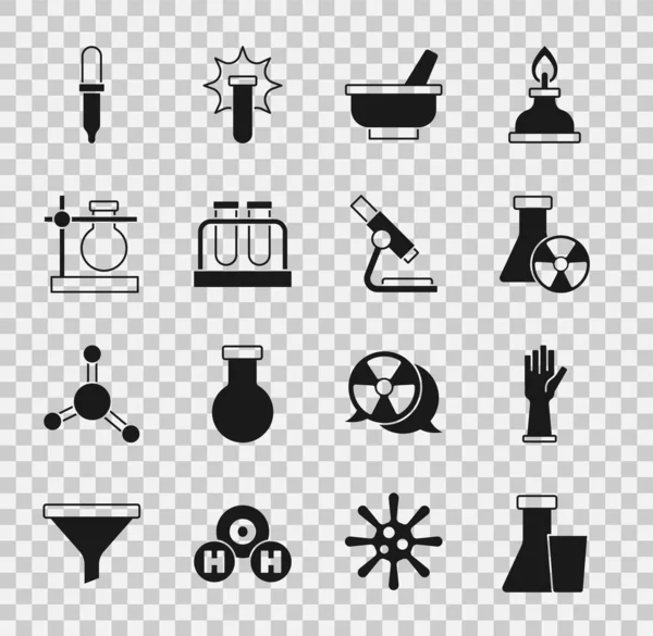 Set Tubo de ensayo y frasco, guantes de goma médica, radiación, mortero, pie, pipeta y microscopio icono. Vector — Archivo Imágenes Vectoriales