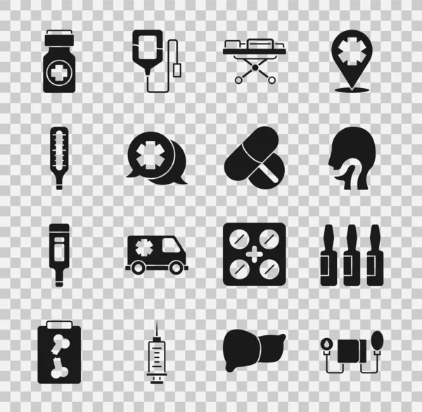 Set Presión arterial, vial médico, ampolla, dolor de garganta, Dilatación, Diálogo con el médico, termómetro, frasco de medicamentos y pastillas e icono de la tableta. Vector — Vector de stock