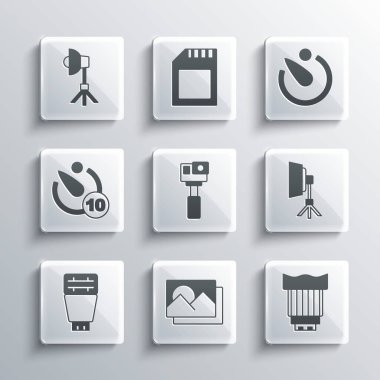 Fotoğraf makinesinin çerçevesini, fotoğraf makinesinin fotoğraf kutusunu, ışık Eylem kamerası flaş zamanlayıcısını ve simgesini ayarla. Vektör.