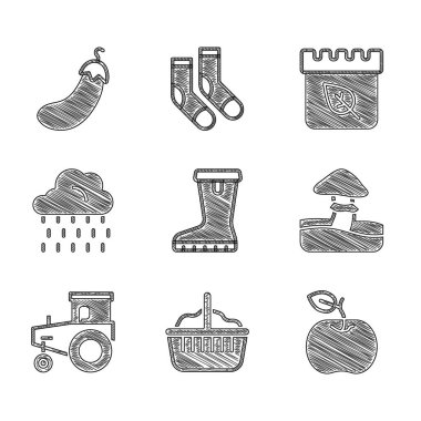 Su geçirmez lastik bot, Sepet, Elma, Mantar, Traktör, Yağmurlu Bulut, Takvim sonbahar yaprakları ve Patlıcan ikonu. Vektör