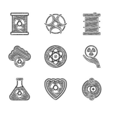 Atom, radyoaktif kalkan, test tüpü radyasyonu asit yağmuru, radyoaktif bulut, atık varil ve ikon. Vektör