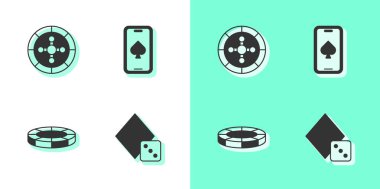 Oyun zarları, kumarhane ruleti, çipler ve Online poker masası ikonu. Vektör