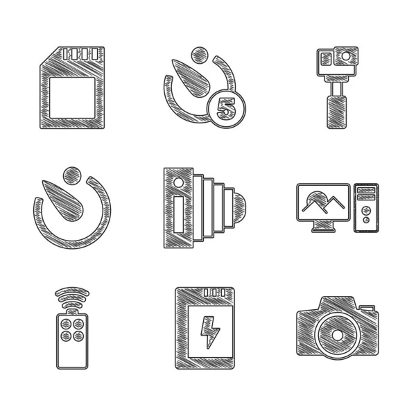 Definir câmera fotográfica, Bateria para, retoque, controle remoto, temporizador de câmera, Ação e ícone do cartão SD. Vetor —  Vetores de Stock