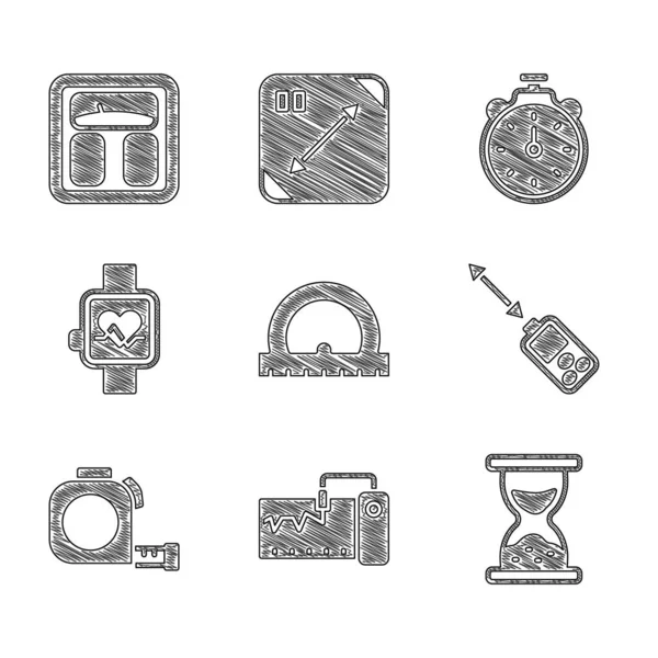 Set transportador, instrumento de medición, reloj de arena antiguo, medidor de distancia láser, construcción de ruleta, reloj inteligente, cronómetro y escala de baño icono. Vector — Archivo Imágenes Vectoriales