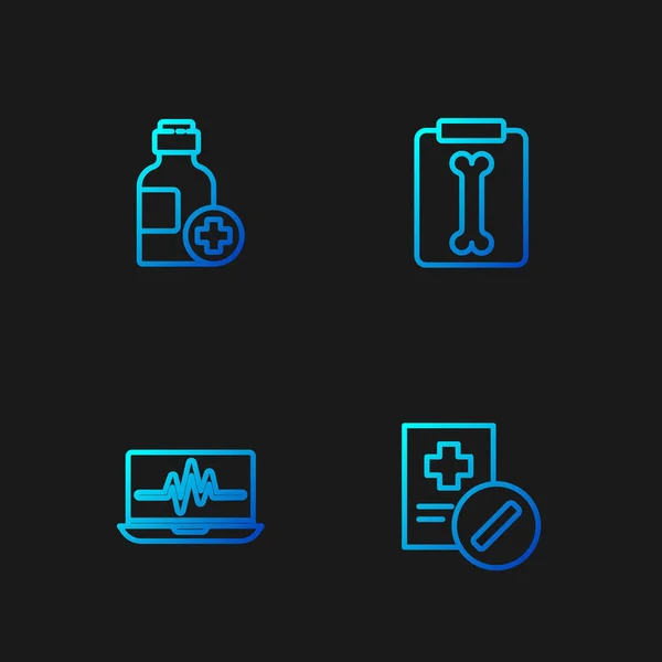 Set line Medical prescription, Laptop with cardiogram, Bottle of medicine syrup and X-ray shots. Gradient color icons. Vector — Stock Vector