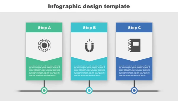 Set Atom, Magnet e Spiral notebook. Modelo de infográfico de negócios. Vetor —  Vetores de Stock