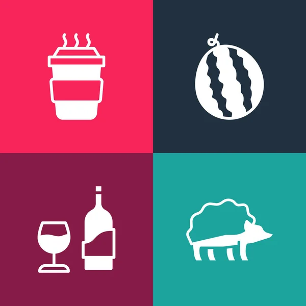 Встановити поп-арт Hedgehog, пляшку вина зі склом, Ватермелон і чашку кави, щоб стати іконою. Вектор — стоковий вектор