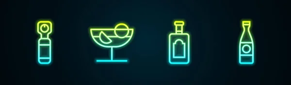 Set Flaschenöffner, Cocktail, Whiskeyflasche und Bier. Leuchtende Leuchtschrift. Vektor — Stockvektor