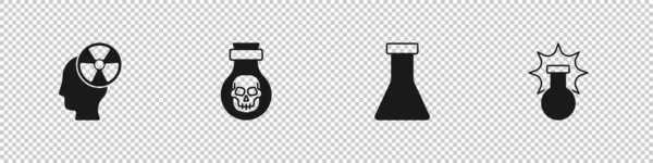 Set Cabeza y símbolo de radiación, Veneno en botella, Frasco de tubo de ensayo e icono de explosión química. Vector — Archivo Imágenes Vectoriales