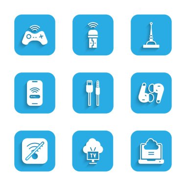USB kablosu, Smart Tv, Network bulut bağlantısı, Air kulaklıkları, Wi-Fi kablosuz internet yok, Wi-fi, Wi-Fi, Anten ve Wireless oyun alanı simgesini ayarla. Vektör