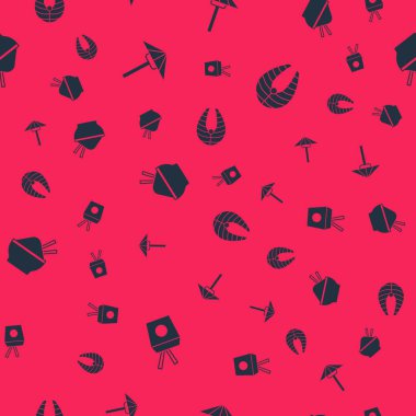 Erişteleri kutuya, çubuklara, güneşten Japon şemsiyesine, pirinçli kaseye ve kusursuz desenli balık bifteğine koyun. Vektör