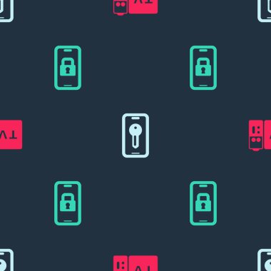 Çokluortam ve TV alıcısı, Akıllı anahtar ve Dijital kapı kilidini kusursuz desen üzerine ayarla. Vektör