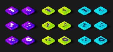 Mücevher taşı, kömür taşıyan taşıyıcı bant, ateşleyici, gaz maskesi ve altın madeni ikonu yerleştirin. Vektör