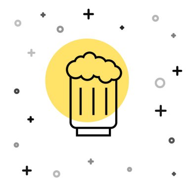 Beyaz arka planda siyah çizgi ahşap bira kupası ikonu var. Rastgele dinamik şekiller. Vektör