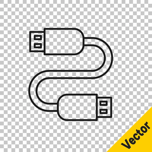 Black line USB cable cord icon isolated on transparent background. Connectors and sockets for PC and mobile devices. Vector — Stock Vector