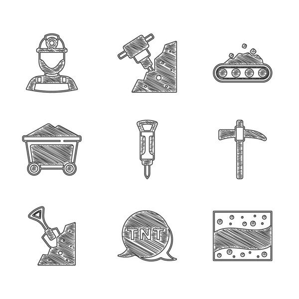 Set Construction jackhammer, Dynamite, Gold mine, Pickaxe, Shovel and stone, Mine coal trolley, Conveyor belt carrying and Miner helmet icon. Vector — Stock Vector