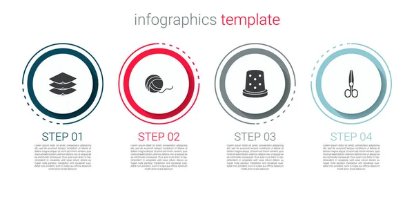 Conjunto Camadas têxteis de vestuário, bola de fio, dedal para costura e tesoura. Modelo de infográfico de negócios. Vetor — Vetor de Stock