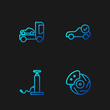 Otomobil fren diskini kalibre, hava pompası, ışınlama kamyonu ve otomotiv kontrolü ile ayarla. Renk simgeleri. Vektör