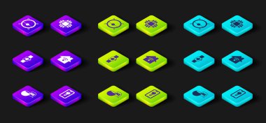 Ses asistanı, akıllı anahtar, akıllı saati, kablosuz interneti, işlemci işlemcisi ve robot elektrik süpürgesi ikonu olan ev. Vektör