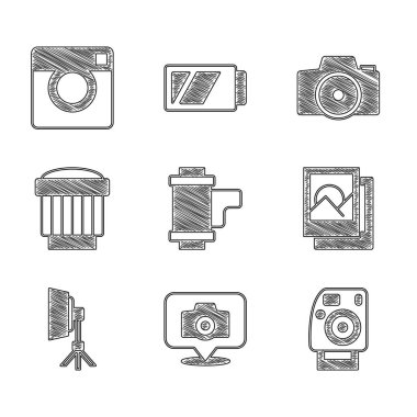 Kamera rulo kartuşu, fotoğraf makinesi, çerçeve, Softbox ışığı, fotoğraf lensi ve simgeyi ayarla. Vektör