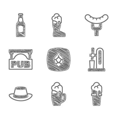 Hop, bir bardak bira, camlı bira musluğu, Oktoberfest şapkası, sokak tabelası barı, çatalda sosis ve şişe ikonu. Vektör