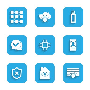 İşlemciyi işlemcili, sistem hatasını kredi kartında, mobil ve yüz tanıma sisteminde, kalkanların çapraz işaretini, konuşma balonunu, USB flash diskini ve grafiksel şifre koruma simgesini ayarla. Vektör