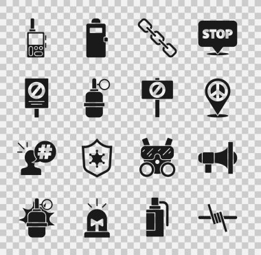 Dikenli telleri, megafonu, konum huzurunu, zincir bağlantısını, el bombasını, protestoyu, telsizi ve ikonu ayarlayın. Vektör